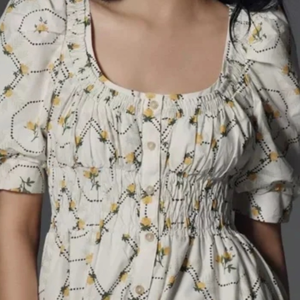 🔸NWT🔸Anthropologie White Floral Midi Dress with Puff Sleeves - Picture 2 of 7